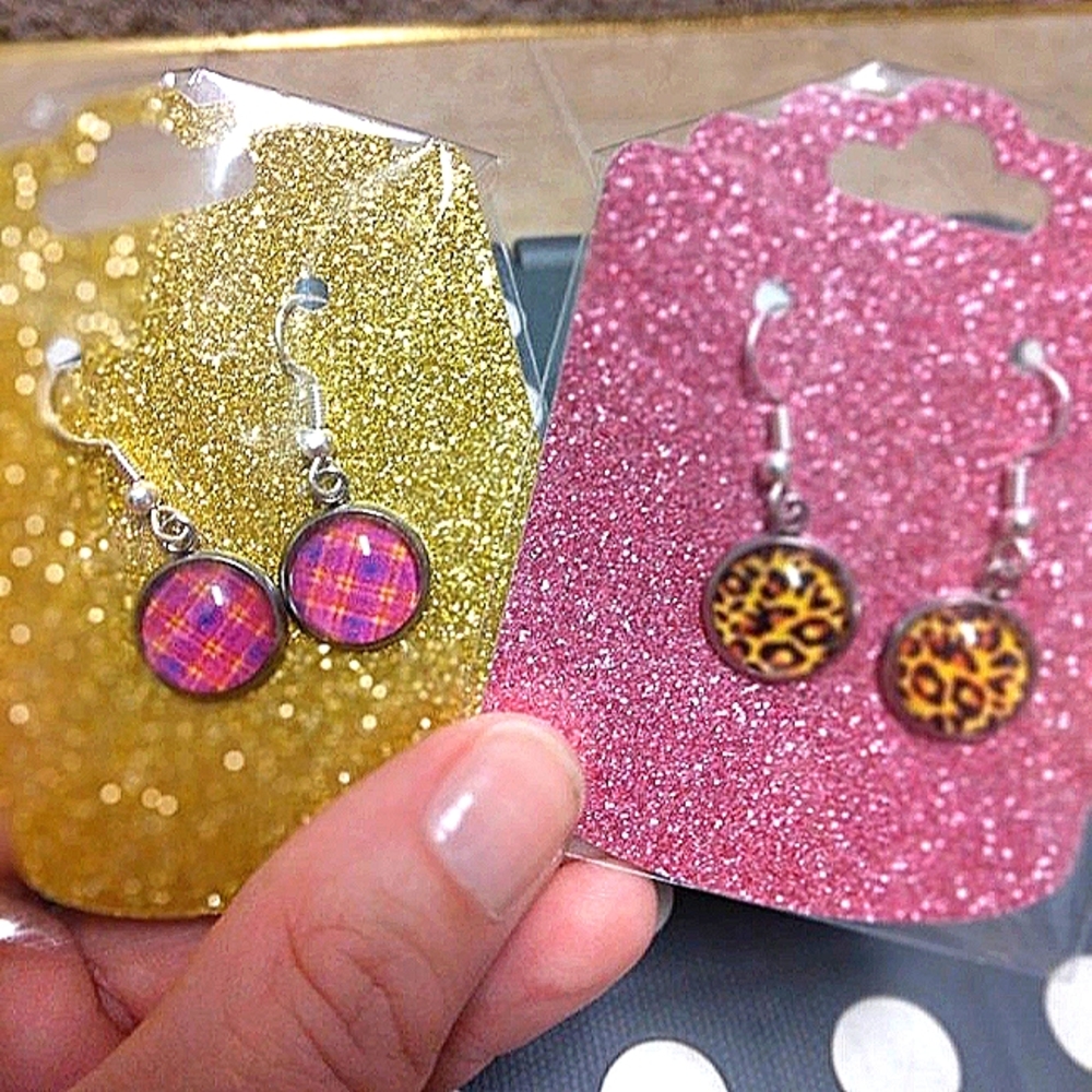 Earring Set of 2, 925 Sterling Silver French Hooks, Animal Print and Pink Plaid